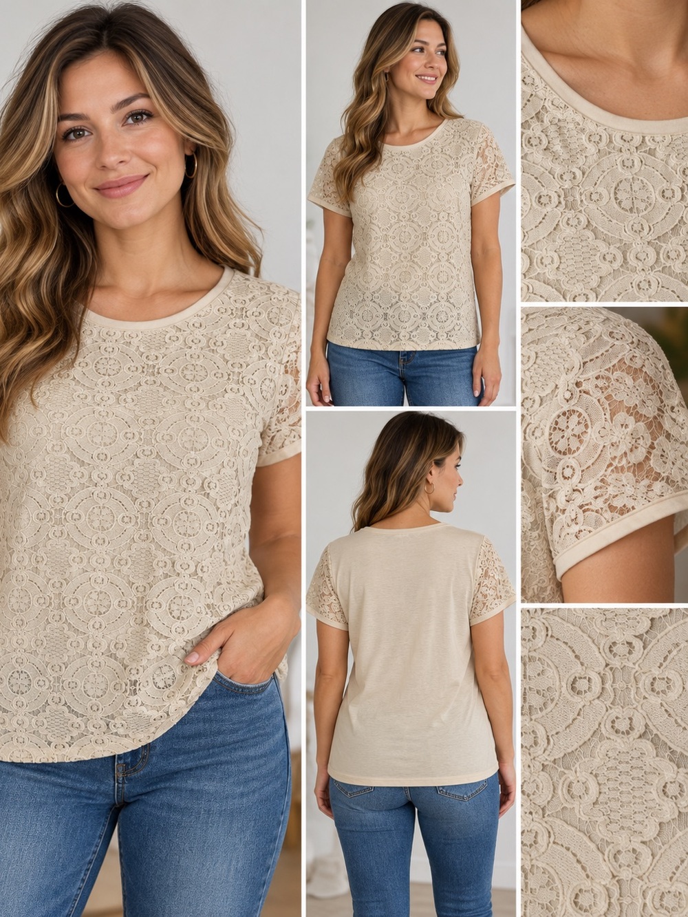 Faded Glory, Lace Overlay Short Sleeve Tee - Beige